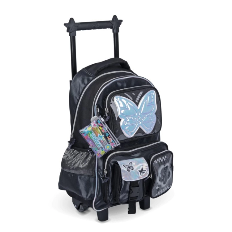 Mochila Escolar Footy 2026 Glow Fly Negra 18" con carro Art.F26341